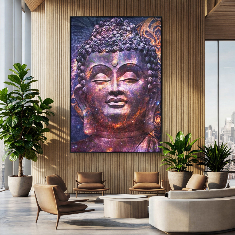 Tablou canvas cu tablou canvas cu capul lui buddha si universul, in rama de aluminiu negru, pe perete intr-un birou