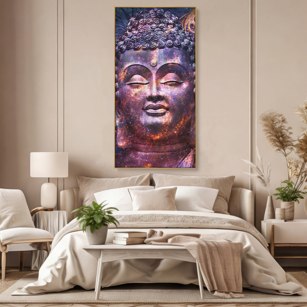 Tablou canvas cu tablou canvas cu capul lui buddha si universul, in rama de aluminiu auriu, pe perete intr-un dormitor