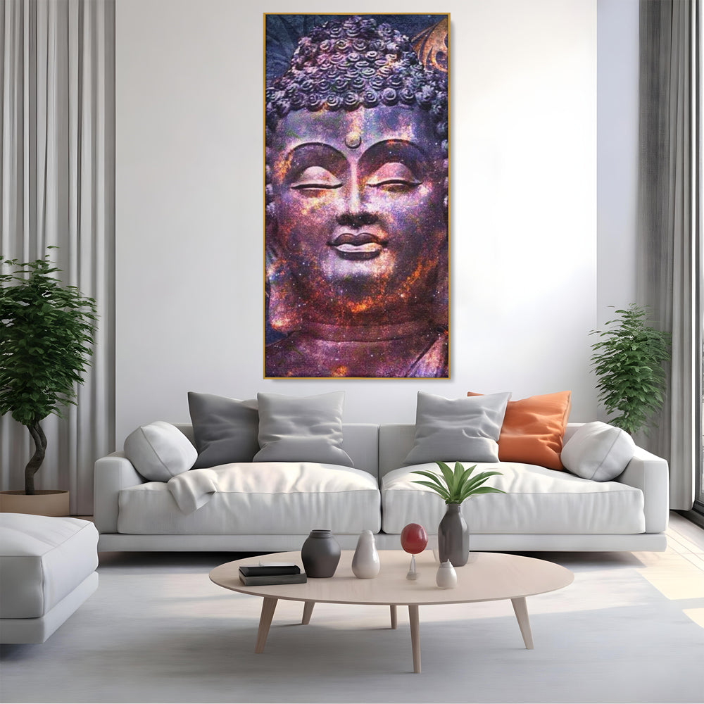 Tablou canvas cu tablou canvas cu capul lui buddha si universul, in rama de aluminiu auriu, pe perete intr-un living