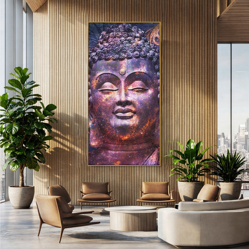 Tablou canvas cu tablou canvas cu capul lui buddha si universul, in rama de aluminiu auriu, pe perete intr-un birou