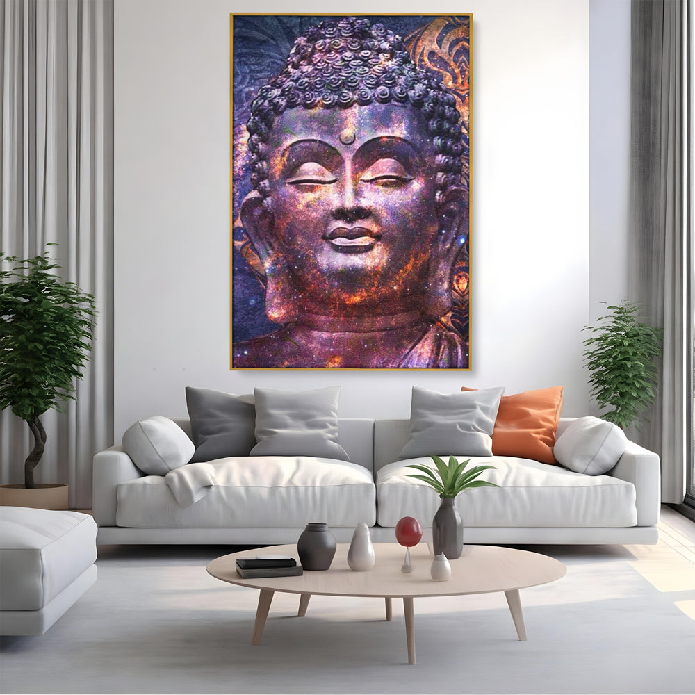 Tablou canvas cu tablou canvas cu capul lui buddha si universul, in rama de aluminiu auriu, pe perete intr-un living