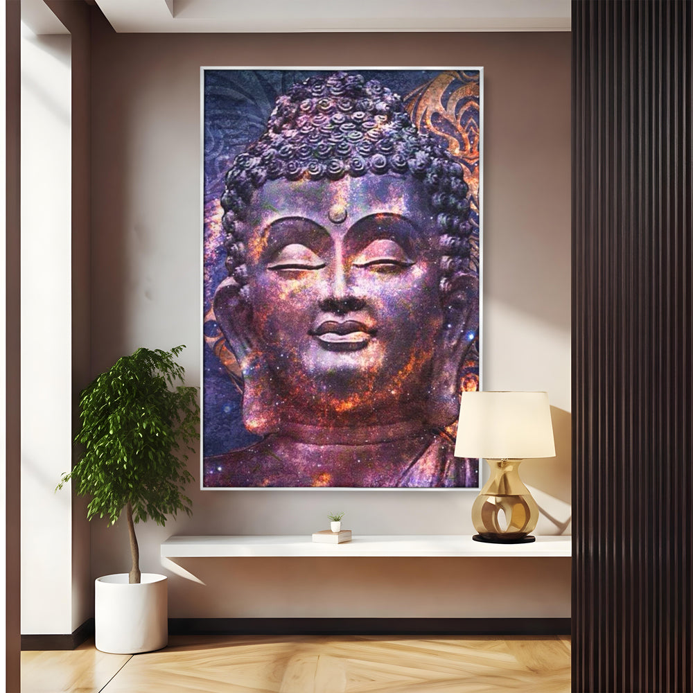 Tablou canvas cu tablou canvas cu capul lui buddha si universul, in rama de aluminiu argintiu