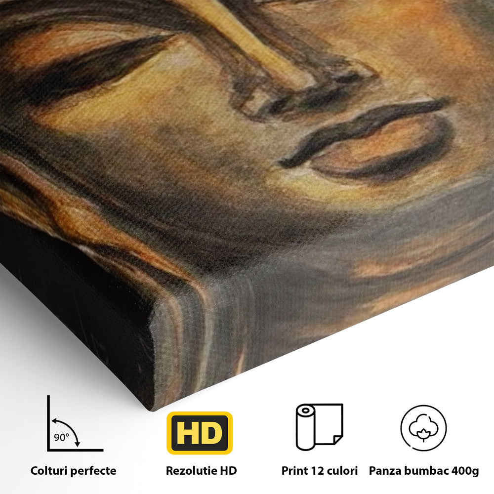 Detaliu al suprafetei: pictura cu chipul lui buddha, fara rama, pe sasiu de lemn