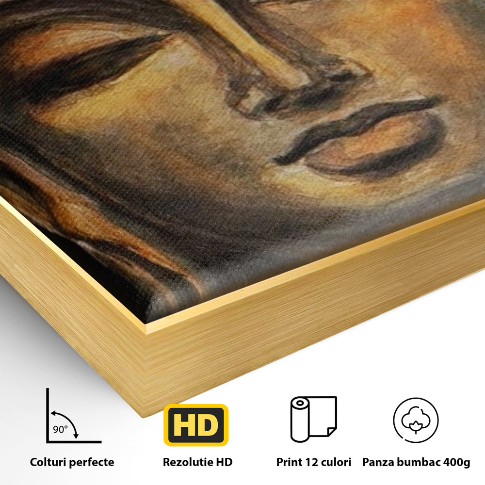Detaliu al suprafetei: pictura cu chipul lui buddha, in rama de aluminiu auriu