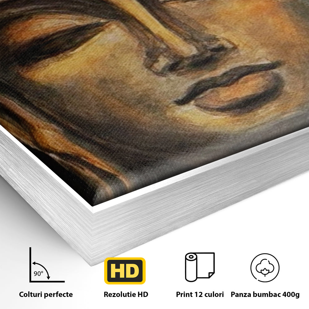 Detaliu al suprafetei: pictura cu chipul lui buddha, in rama de aluminiu argintiu