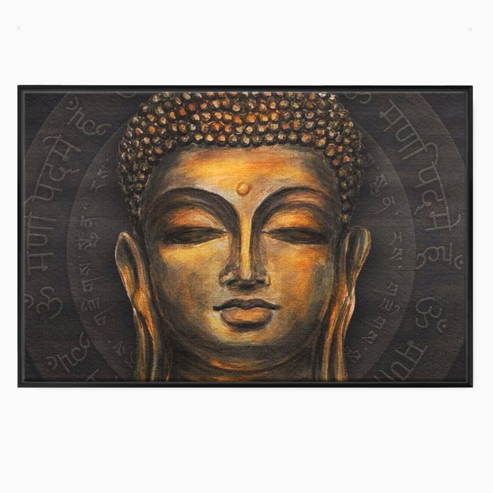 Tablou canvas cu pictura cu chipul lui buddha, in rama de aluminiu negru