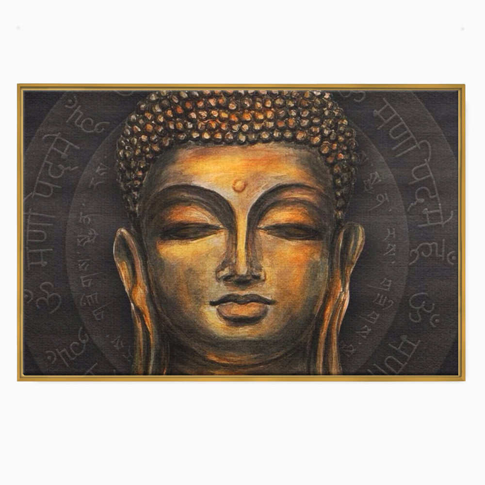 Tablou canvas cu pictura cu chipul lui buddha, in rama de aluminiu auriu