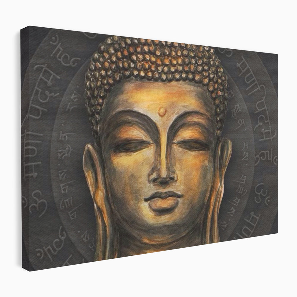 Tablou canvas cu pictura cu chipul lui buddha, fara rama, pe sasiu de lemn