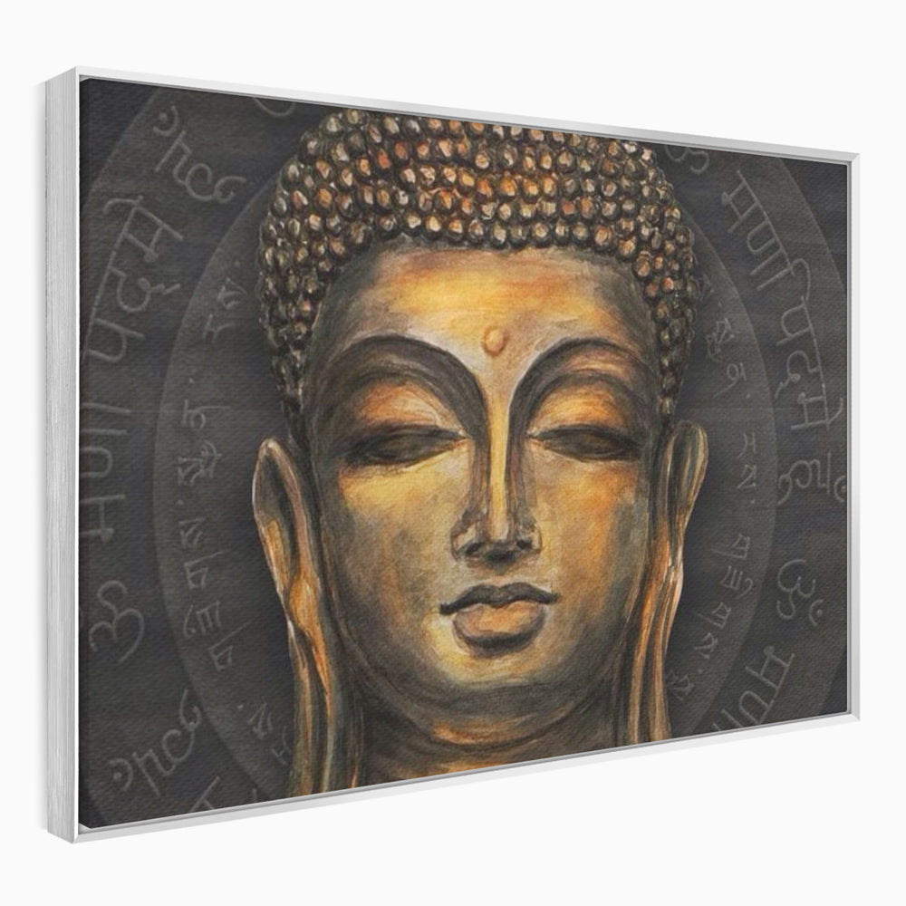 Tablou canvas cu pictura cu chipul lui buddha, in rama de aluminiu argintiu