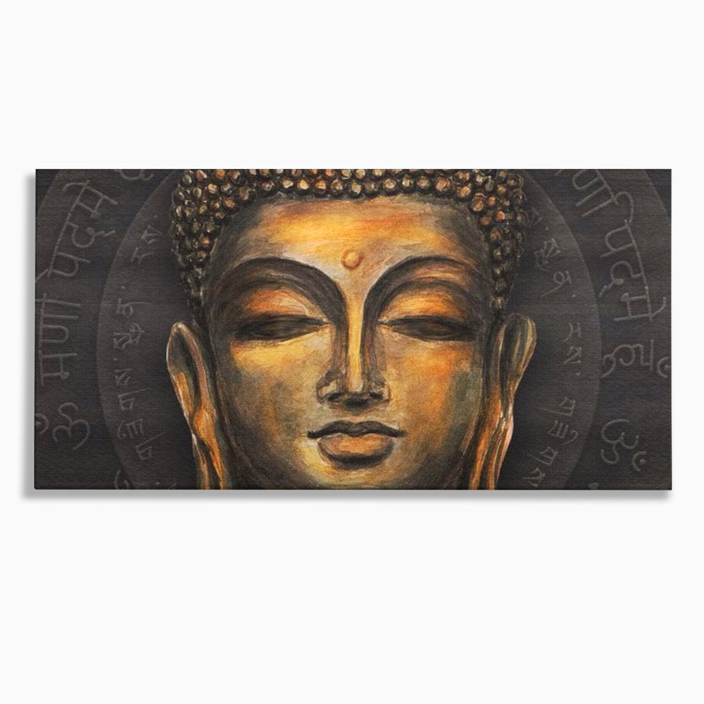 Tablou canvas cu pictura cu chipul lui buddha, fara rama, pe sasiu de lemn