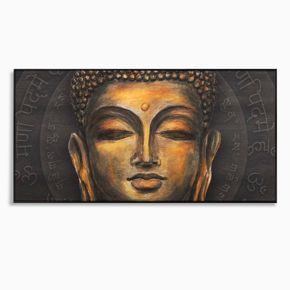 Tablou canvas cu pictura cu chipul lui buddha, in rama de aluminiu negru