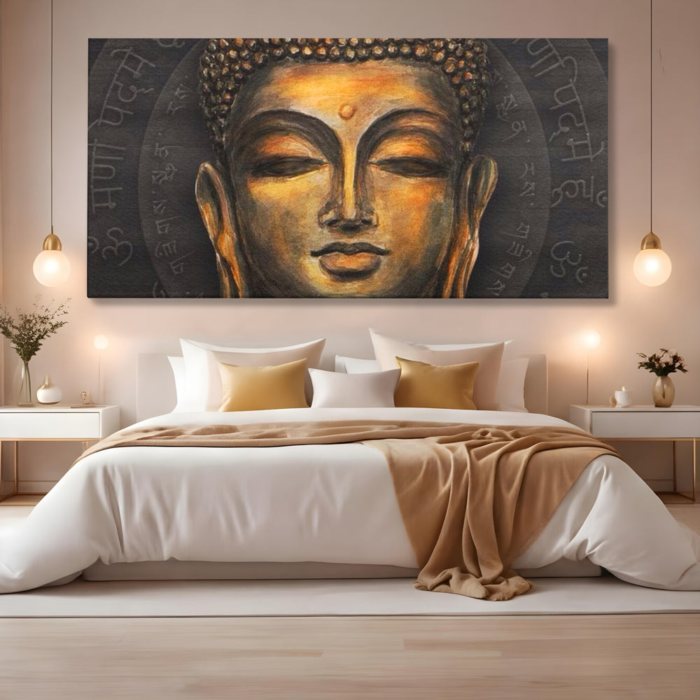 Tablou canvas cu pictura cu chipul lui buddha, fara rama, pe sasiu de lemn, pe perete intr-un dormitor