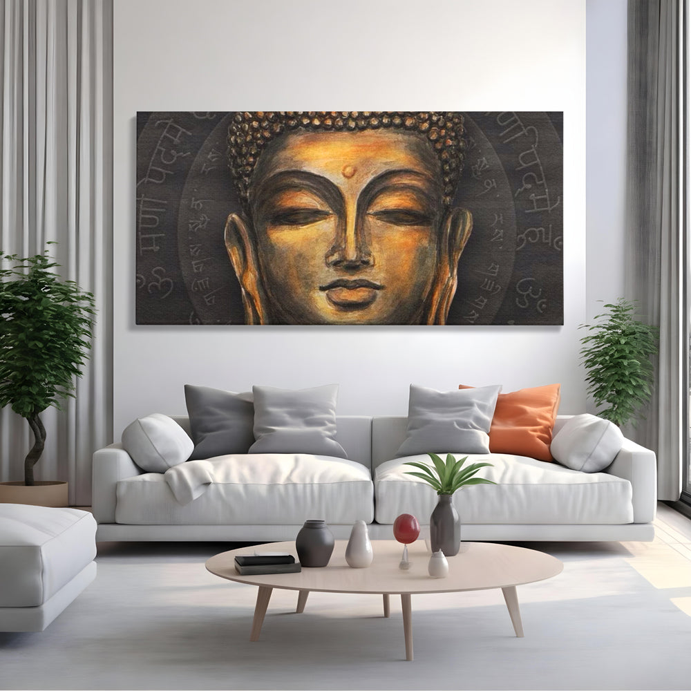 Tablou canvas cu pictura cu chipul lui buddha, fara rama, pe sasiu de lemn, pe perete intr-un living