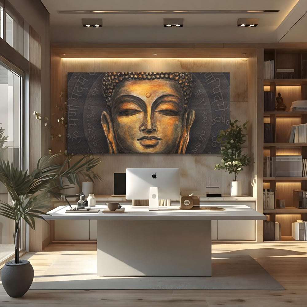 Tablou canvas cu pictura cu chipul lui buddha, fara rama, pe sasiu de lemn, pe perete intr-un birou
