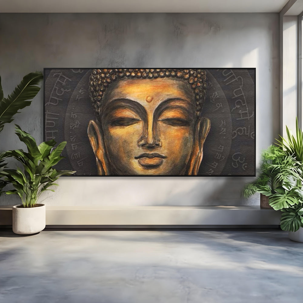 Tablou canvas cu pictura cu chipul lui buddha, in rama de aluminiu negru