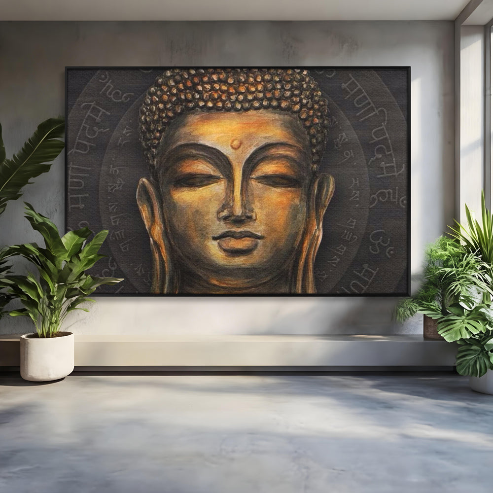 Tablou canvas cu pictura cu chipul lui buddha, in rama de aluminiu negru