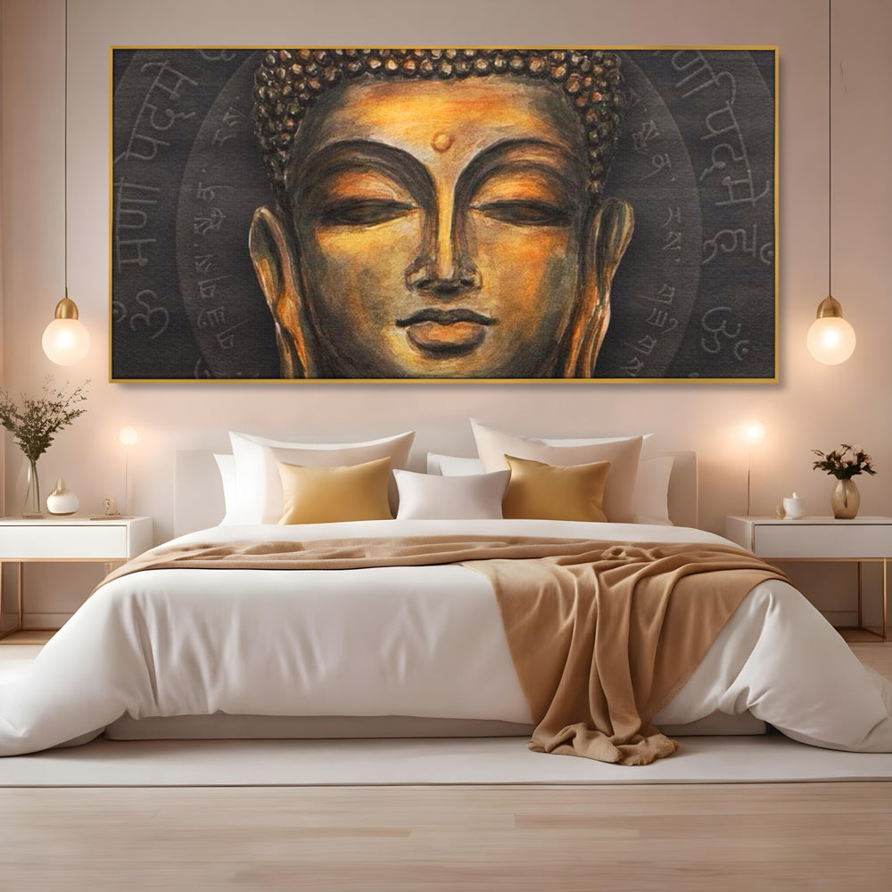 Tablou canvas cu pictura cu chipul lui buddha, in rama de aluminiu auriu, pe perete intr-un dormitor