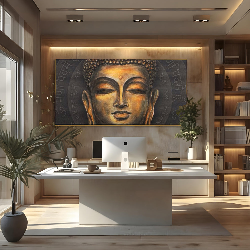 Tablou canvas cu pictura cu chipul lui buddha, in rama de aluminiu auriu, pe perete intr-un birou