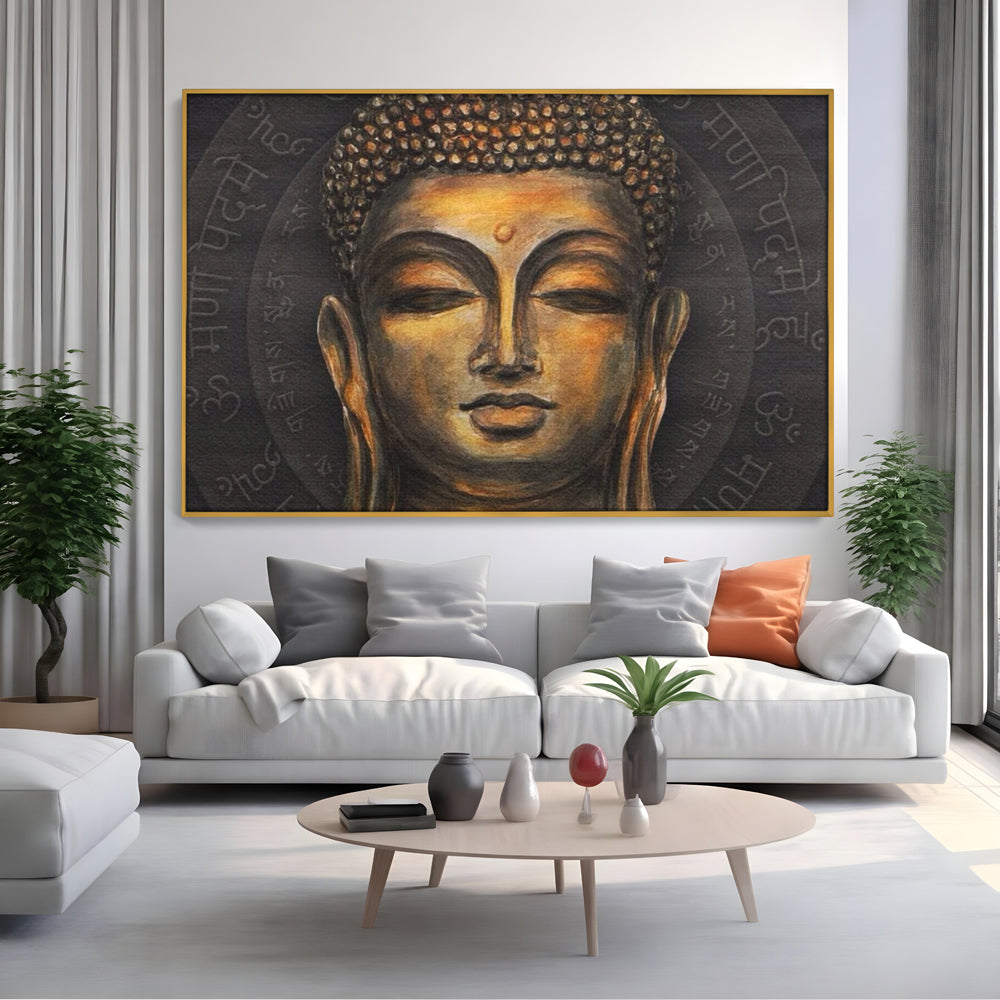 Tablou canvas cu pictura cu chipul lui buddha, in rama de aluminiu auriu, pe perete intr-un living