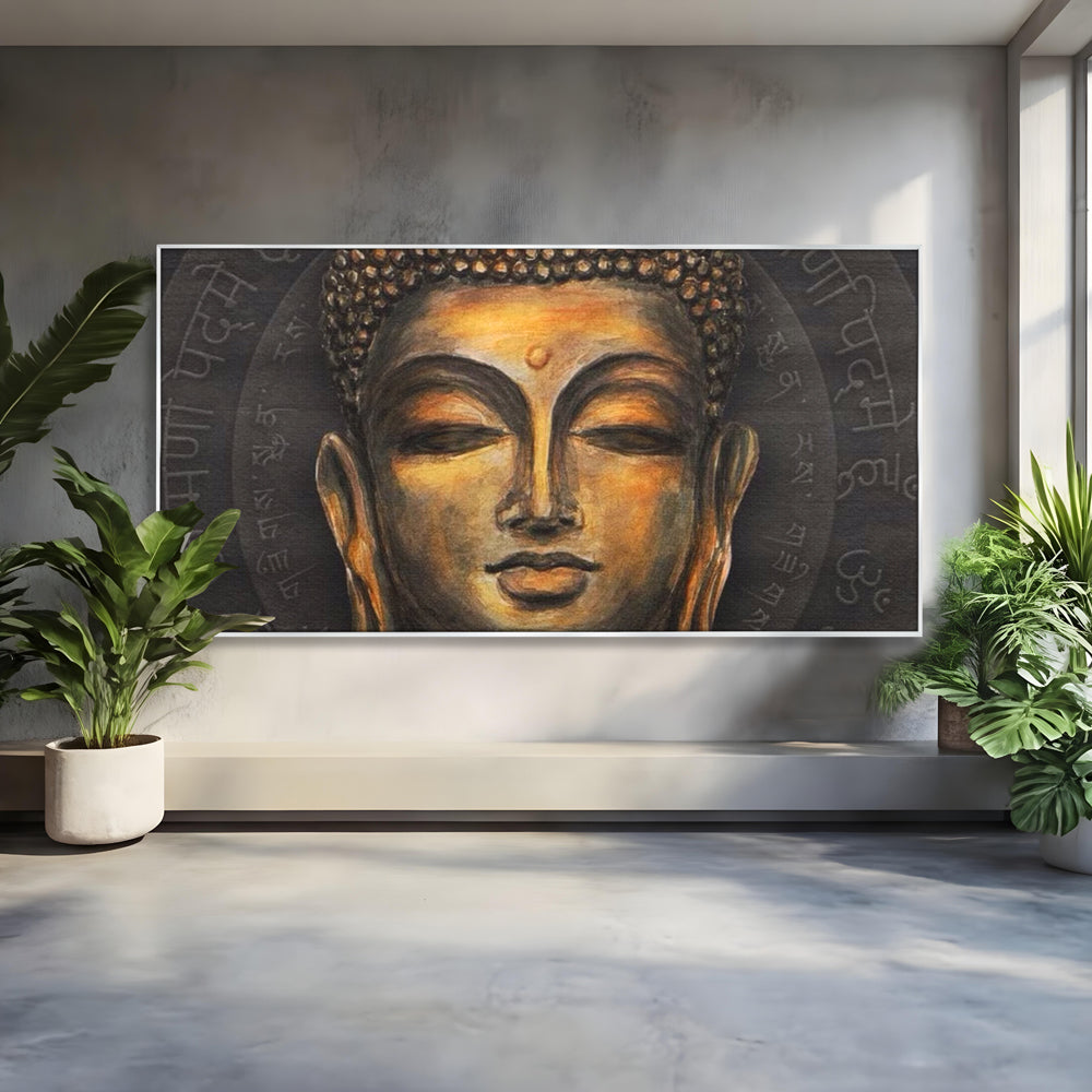 Tablou canvas cu pictura cu chipul lui buddha, in rama de aluminiu argintiu