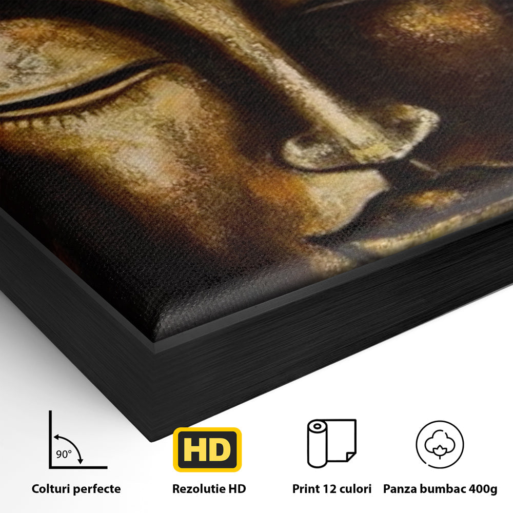 Detaliu al suprafetei: pictura cu chipul lui buddha in nuante aurii, in rama de aluminiu negru
