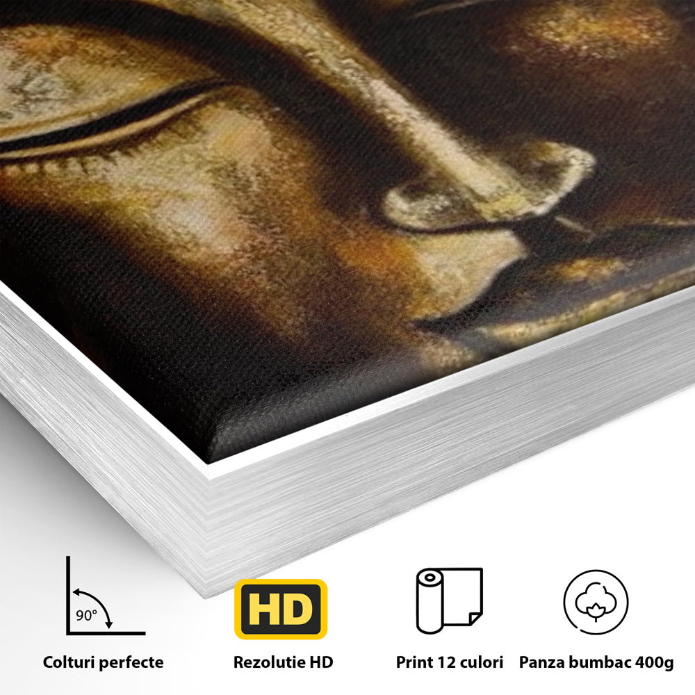 Detaliu al suprafetei: pictura cu chipul lui buddha in nuante aurii, in rama de aluminiu argintiu
