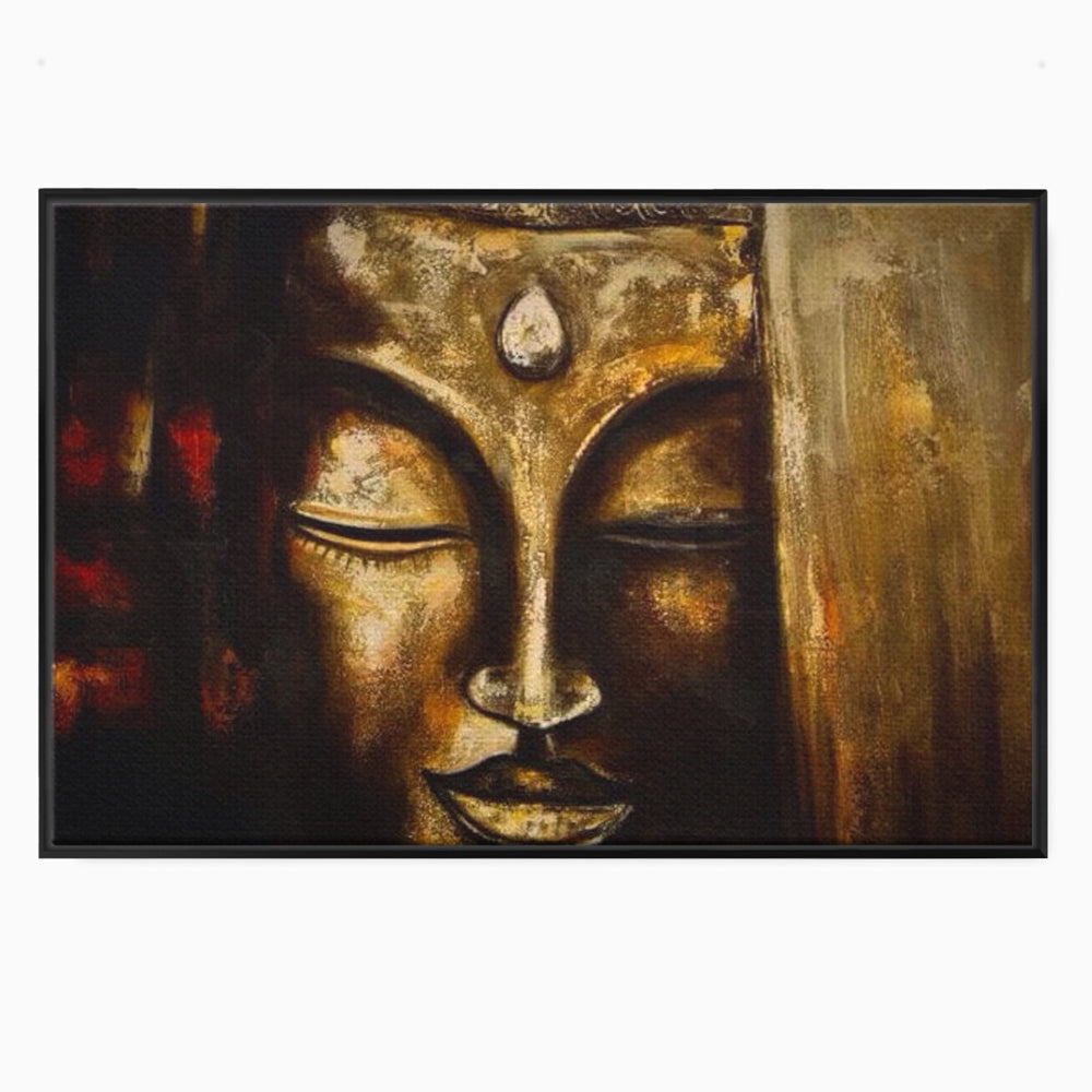 Tablou canvas cu pictura cu chipul lui buddha in nuante aurii, in rama de aluminiu negru