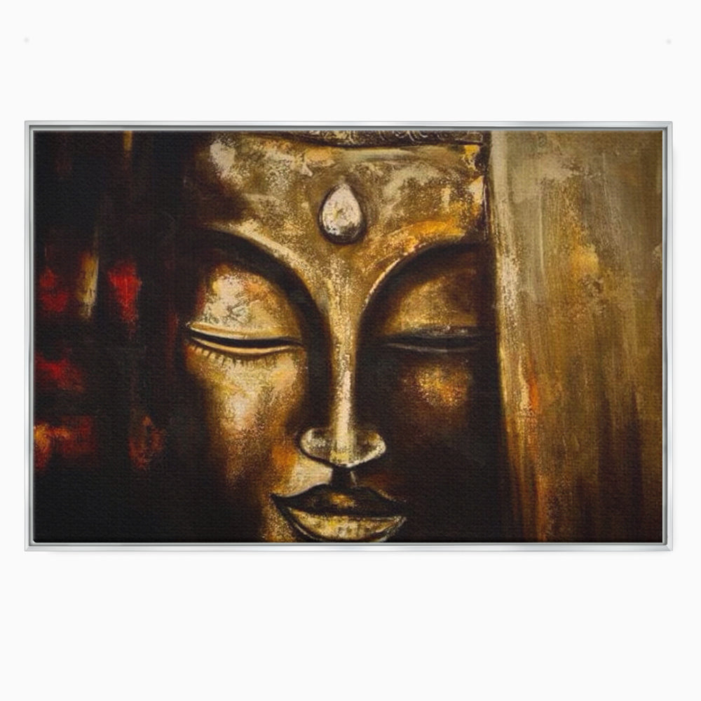 Tablou canvas cu pictura cu chipul lui buddha in nuante aurii, in rama de aluminiu argintiu