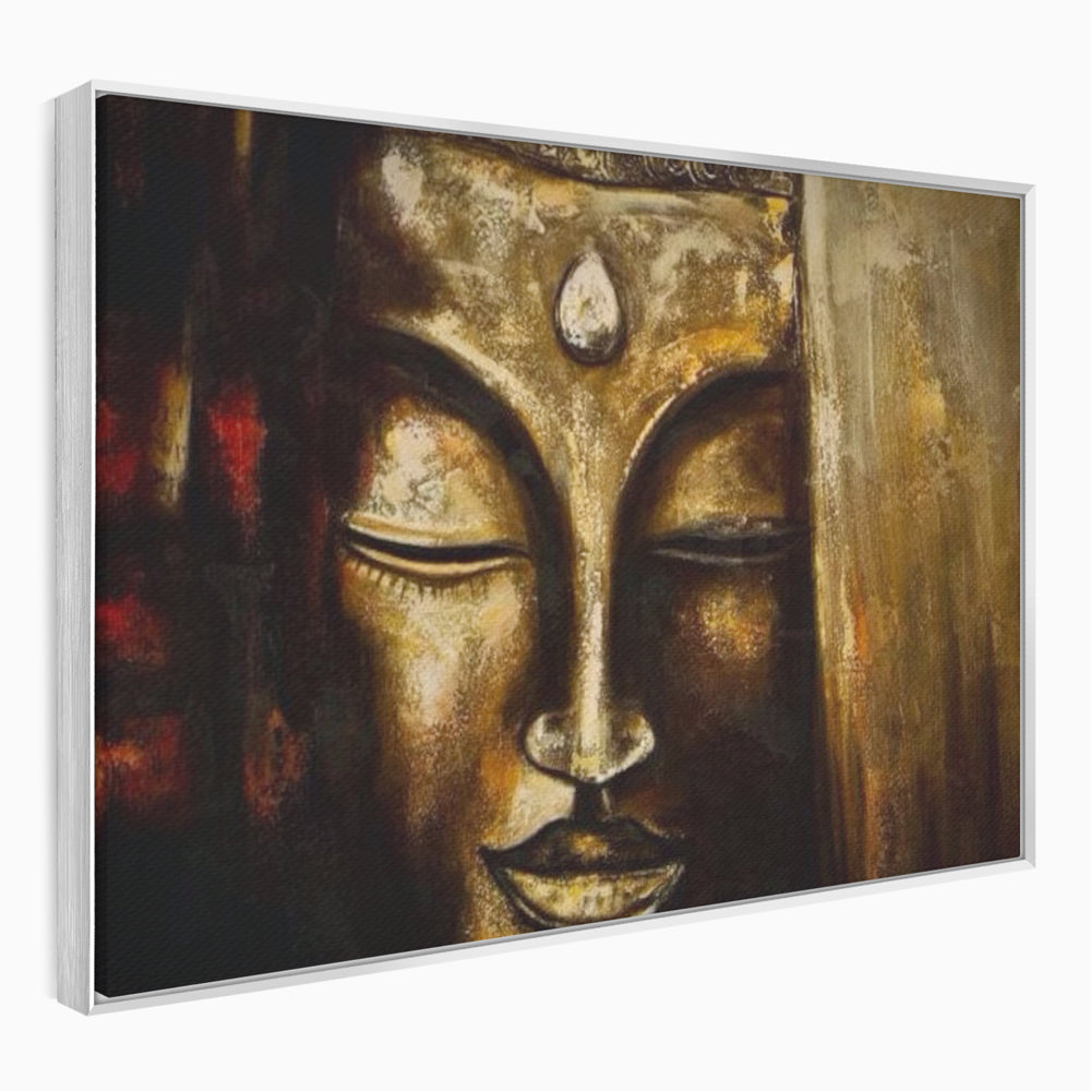 Tablou canvas cu pictura cu chipul lui buddha in nuante aurii, in rama de aluminiu argintiu