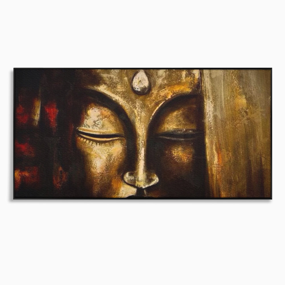 Tablou canvas cu pictura cu chipul lui buddha in nuante aurii, in rama de aluminiu negru