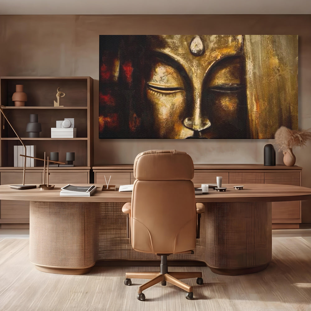 Tablou canvas cu pictura cu chipul lui buddha in nuante aurii, fara rama, pe sasiu de lemn, pe perete intr-un birou