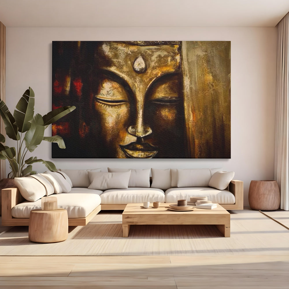 Tablou canvas cu pictura cu chipul lui buddha in nuante aurii, fara rama, pe sasiu de lemn, pe perete intr-un living
