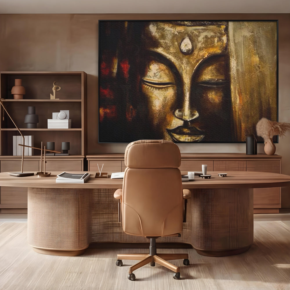 Tablou canvas cu pictura cu chipul lui buddha in nuante aurii, in rama de aluminiu negru, pe perete intr-un birou