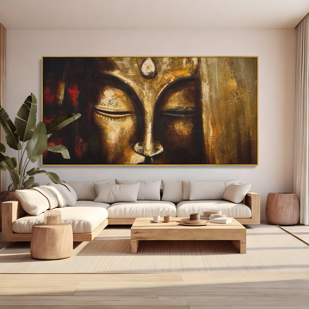 Tablou canvas cu pictura cu chipul lui buddha in nuante aurii, in rama de aluminiu auriu, pe perete intr-un living