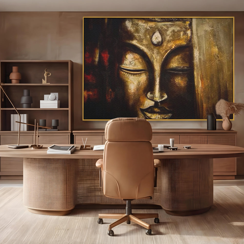 Tablou canvas cu pictura cu chipul lui buddha in nuante aurii, in rama de aluminiu auriu, pe perete intr-un birou