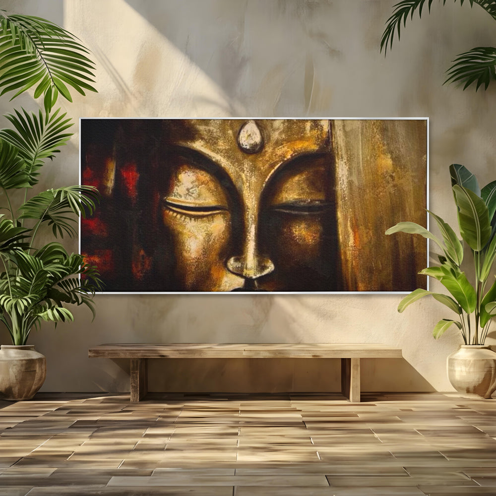 Tablou canvas cu pictura cu chipul lui buddha in nuante aurii, in rama de aluminiu argintiu