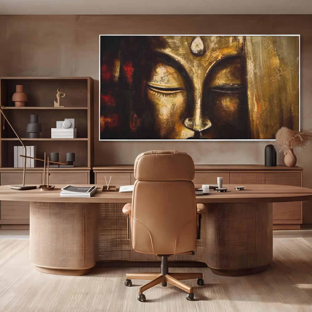 Tablou canvas cu pictura cu chipul lui buddha in nuante aurii, in rama de aluminiu argintiu, pe perete intr-un birou
