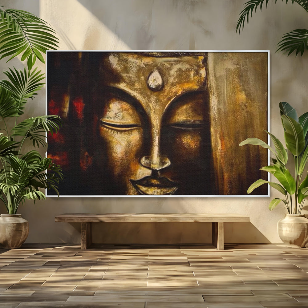 Tablou canvas cu pictura cu chipul lui buddha in nuante aurii, in rama de aluminiu argintiu