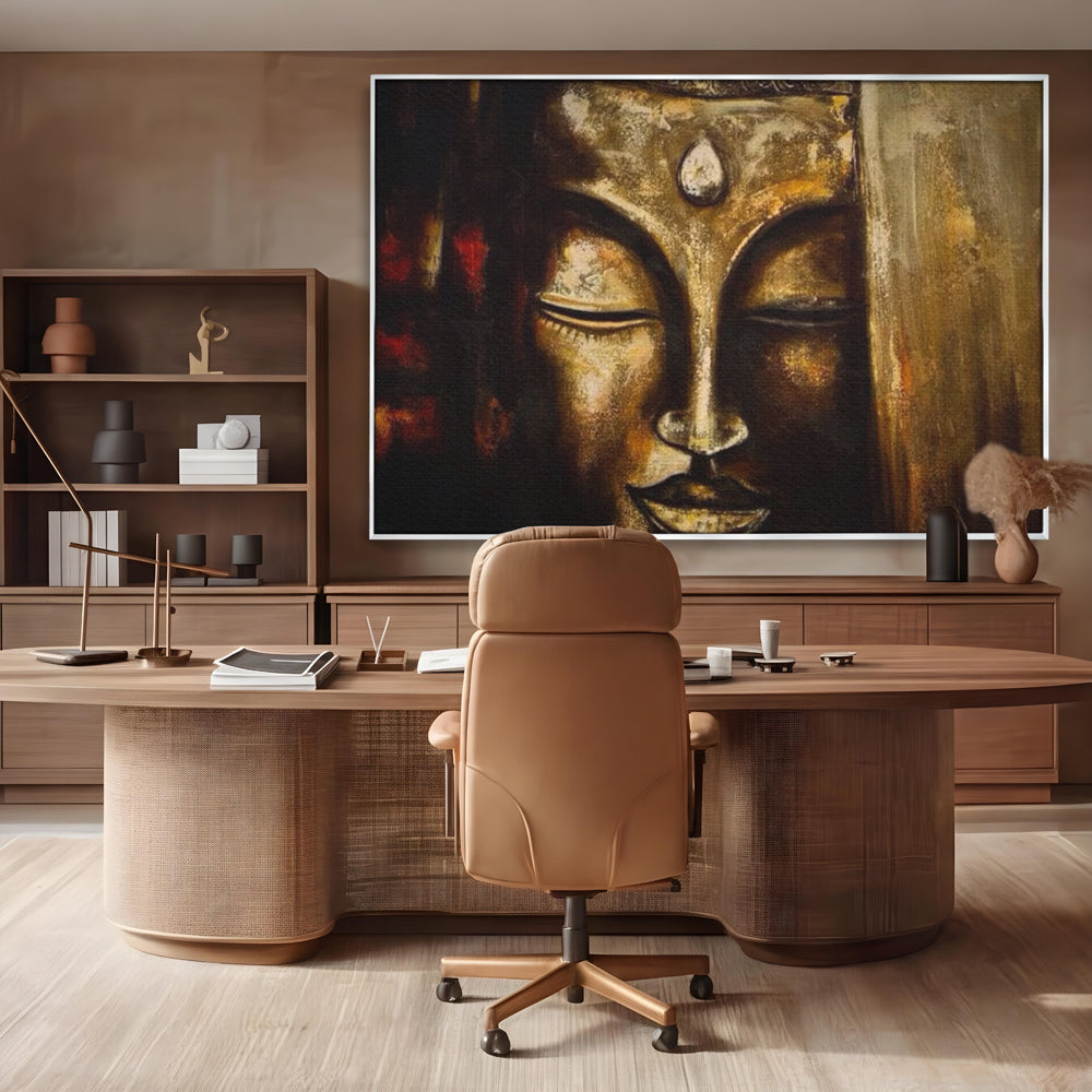 Tablou canvas cu pictura cu chipul lui buddha in nuante aurii, in rama de aluminiu argintiu, pe perete intr-un birou