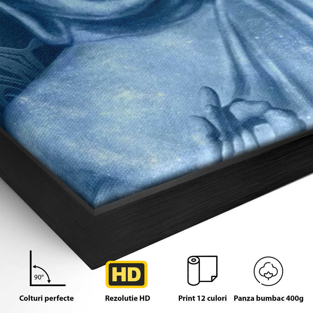 Detaliu al suprafetei: tablou canvas cu buddha albastru, in rama de aluminiu negru