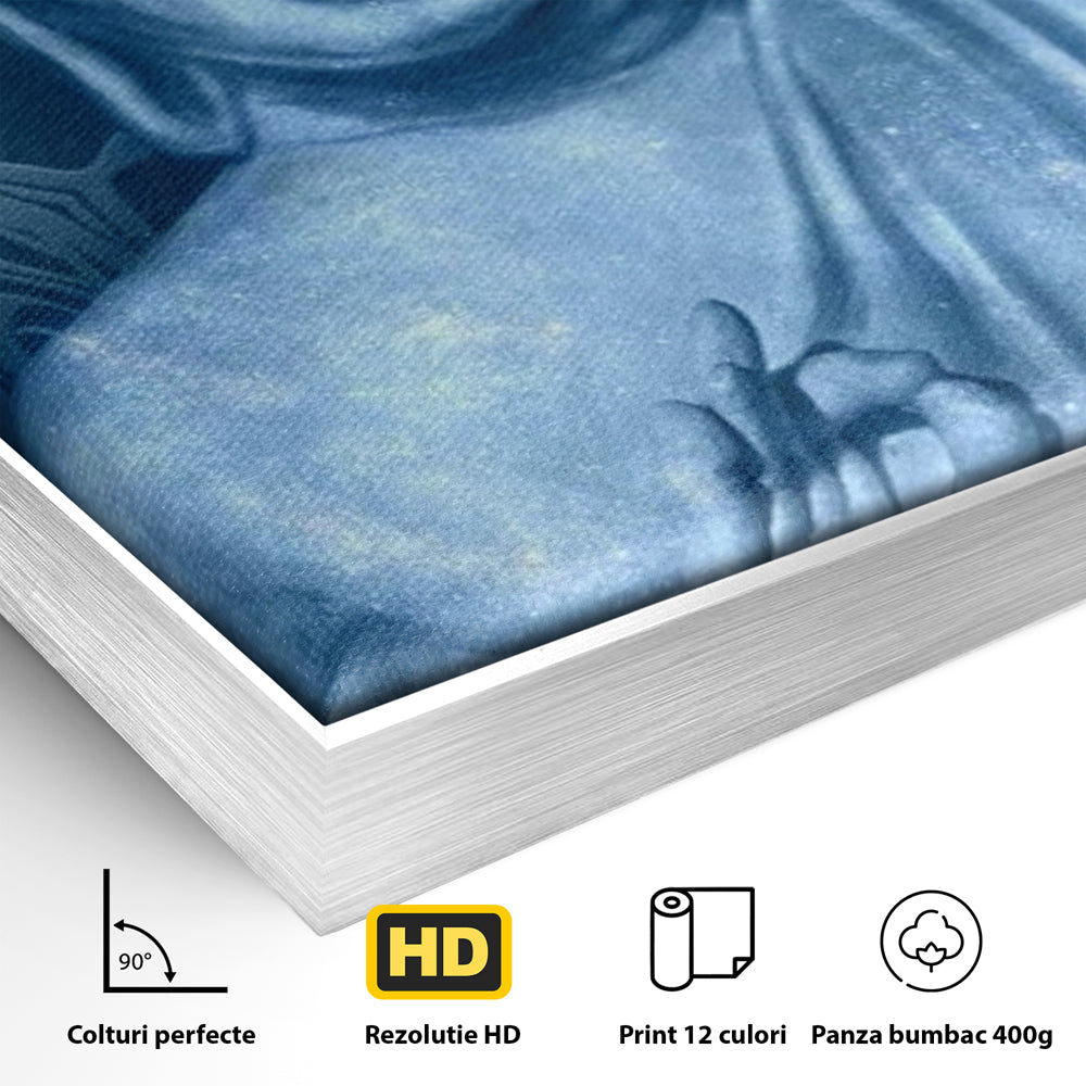 Detaliu al suprafetei: tablou canvas cu buddha albastru, in rama de aluminiu argintiu