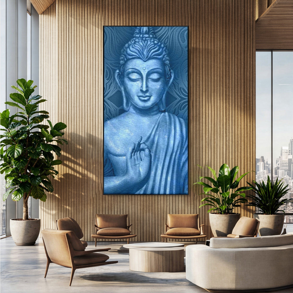 Tablou canvas cu tablou canvas cu buddha albastru, in rama de aluminiu negru, pe perete intr-un birou