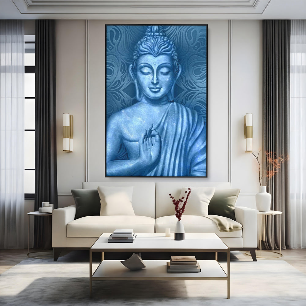 Tablou canvas cu tablou canvas cu buddha albastru, in rama de aluminiu negru, pe perete intr-un living