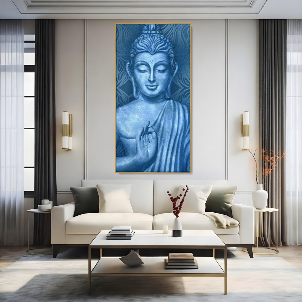 Tablou canvas cu tablou canvas cu buddha albastru, in rama de aluminiu auriu, pe perete intr-un living