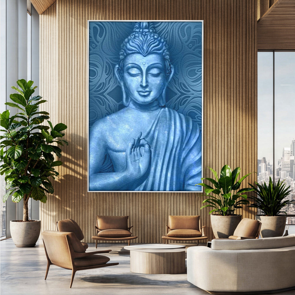 Tablou canvas cu tablou canvas cu buddha albastru, in rama de aluminiu argintiu, pe perete intr-un birou