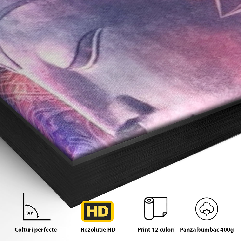 Detaliu al suprafetei: tablou vertical cu profil de buddha, in rama de aluminiu negru