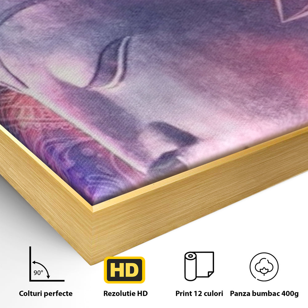 Detaliu al suprafetei: tablou vertical cu profil de buddha, in rama de aluminiu auriu
