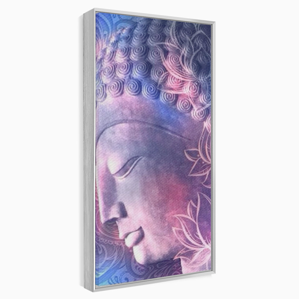 Tablou canvas cu tablou vertical cu profil de buddha, in rama de aluminiu argintiu