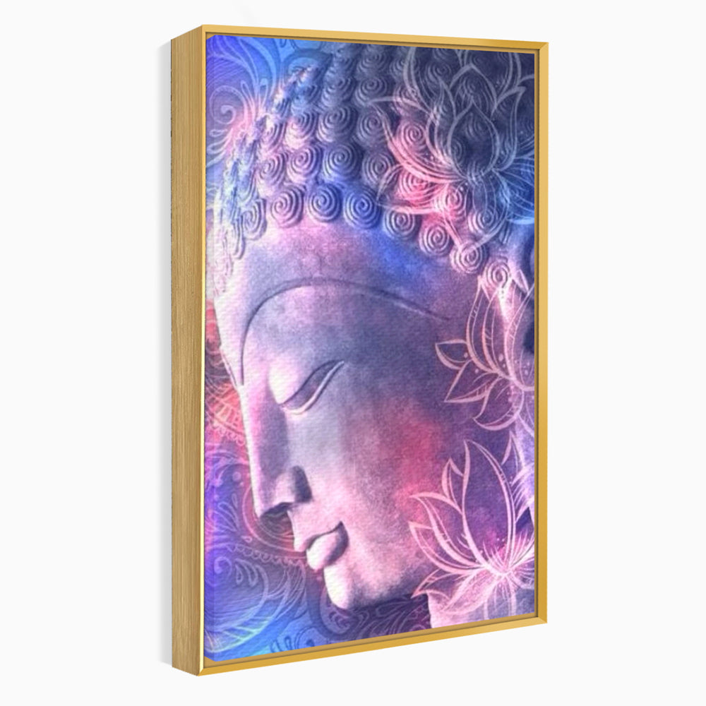 Tablou canvas cu tablou vertical cu profil de buddha, in rama de aluminiu auriu
