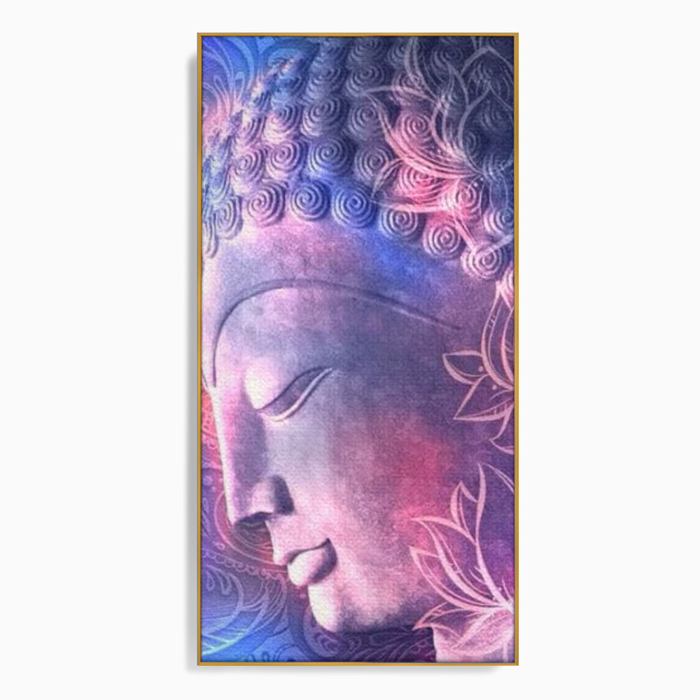 Tablou canvas cu tablou vertical cu profil de buddha, in rama de aluminiu auriu